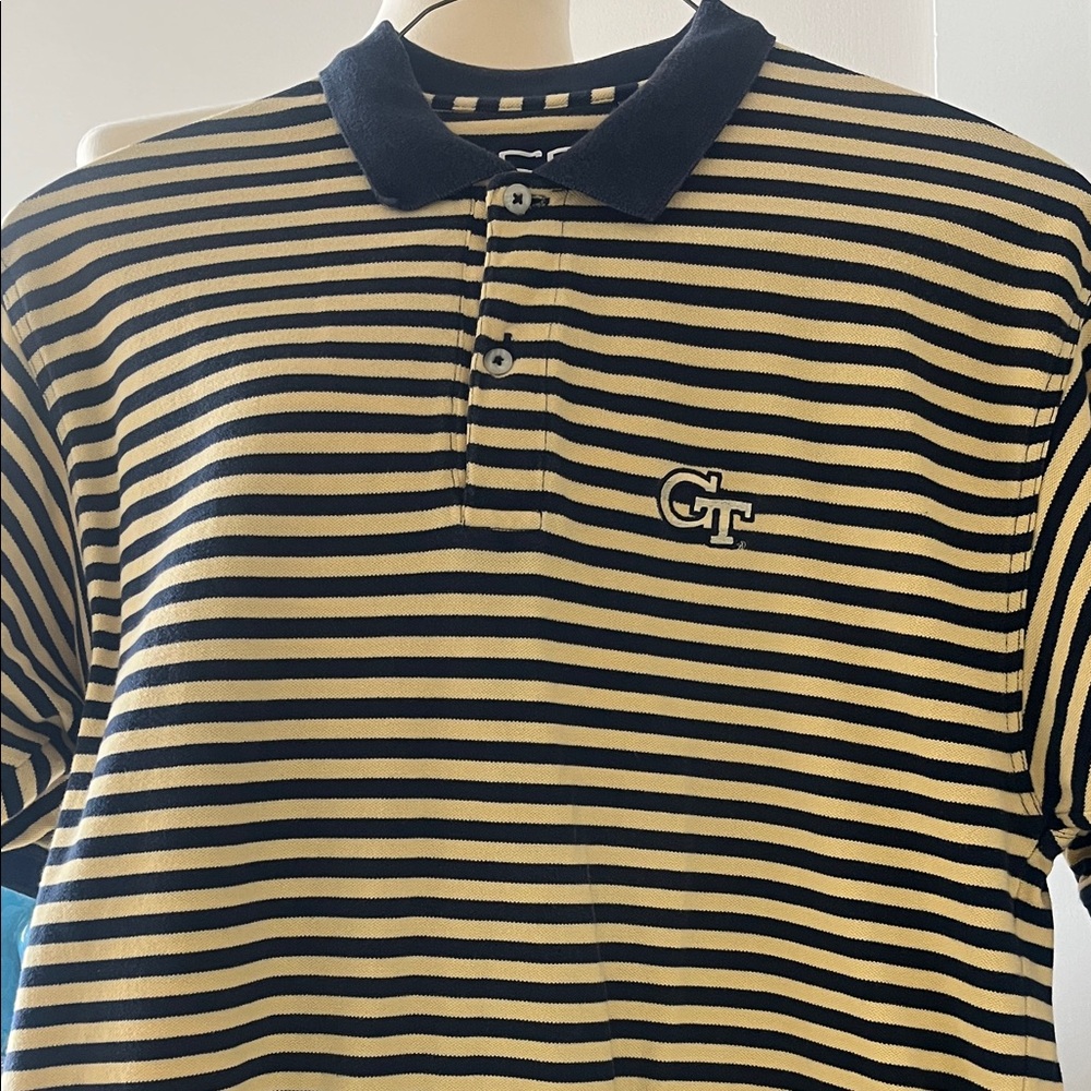 Striped  Georgia Tech Polo Shirt - Navy and Cream Sz. L